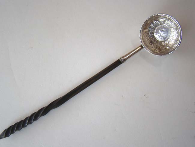 A fine 18th century English "toddy" ladle with inset George II silver one shilling coin dated 1745